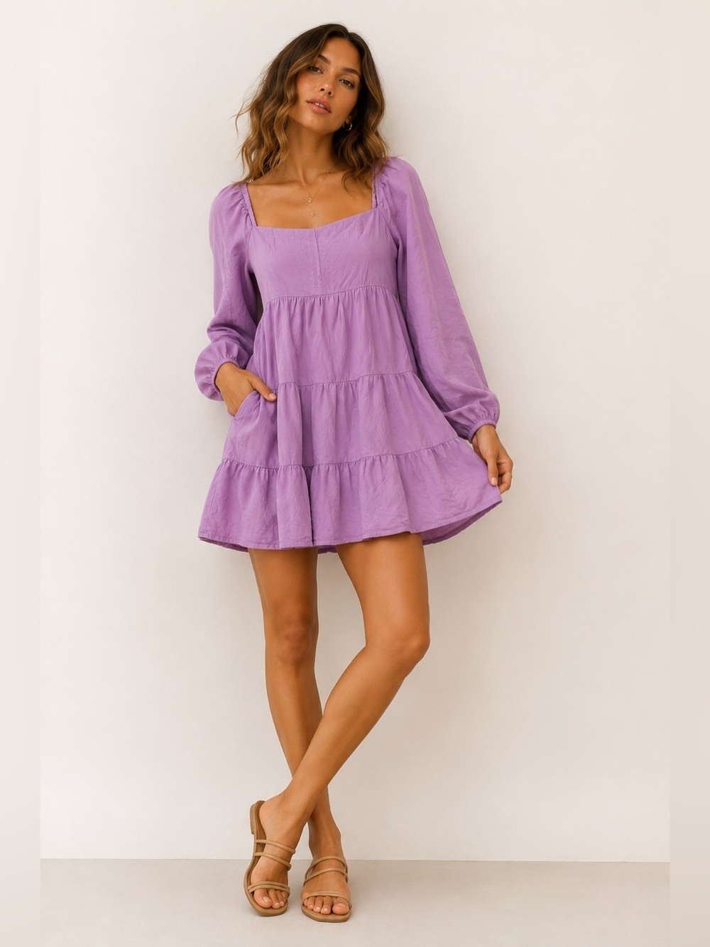 Shinestar Lavender Tiered Babydoll Dress Large Rayon Boho Cottagecore Size L